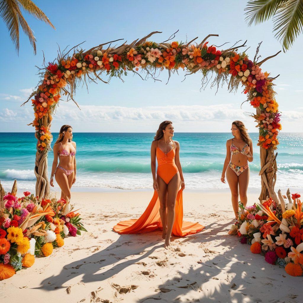 A vibrant beach scene showcasing diverse women of different ethnicities in stylish swimwear, playfully posing with wedding decorations like seashells and floral arrangements. The backdrop features a sunny sky, sparkling ocean waves, and colorful beach umbrellas. The setting includes tasteful beach wedding elements, like a decorated arch made of driftwood and floral arrangements. Capture the joy and elegance of beach weddings while highlighting fashionable swimwear trends. super-realistic. vibrant colors. sunny atmosphere.