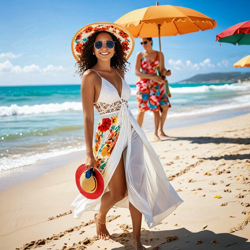 A stunning beach scene featuring a bride in a flowing, elegant swimsuit adorned with floral patterns, alongside stylishly dressed guests in vibrant beachwear. The setting is bright and sunny with the ocean waves gently lapping at the shore. Include accessories like sun hats and sunglasses, along with colorful beach umbrellas to create a festive atmosphere. super-realistic. vibrant colors. sunny background.